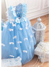 Blue Satin Tulle Butterflies Fairytale Flower Girl Dress